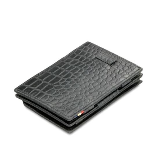 Cavare - Portefeuille Magic avec porte-monnaie en cuir grainé Croc Black